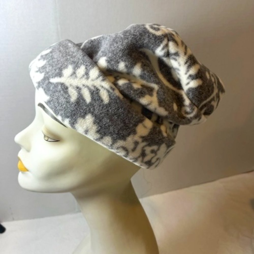 Handmade Winter Ski Fleece Hat Gray White Floral For Adults and Teens